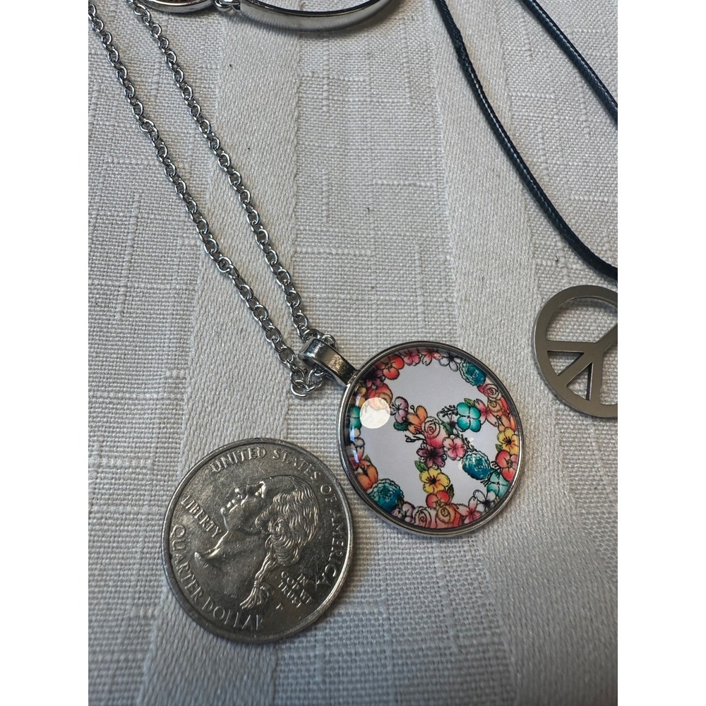 Floral Peace Sign Jewelry Set Silver Tone Necklace Bracelet Earrings 4pc Boho - Picture 8 of 9